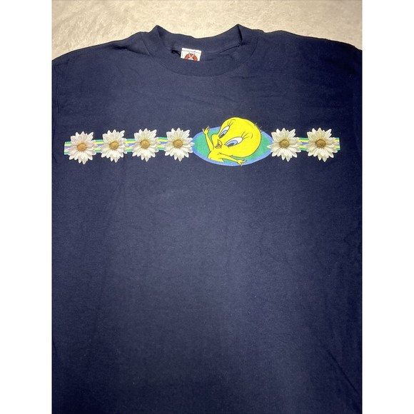 Vtg 90s Looney Tunes Blue Single Stich Tweety Graphic T-Shirt Size Medium/Large - Picture 2 of 8